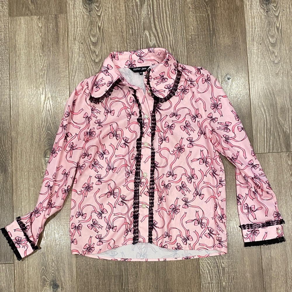 Sister Jane Pink Bow Blouse with Black Trim